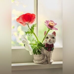 Anthropologie Charming Cat Vase with Red and Pink Accents